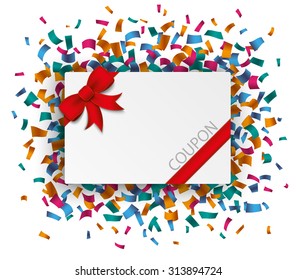 Coupon with ribbon and confetti on the white. Eps 10 vector file.