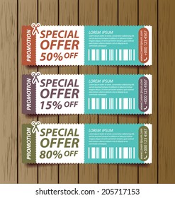 Coupon sale, offers and promotions vector template.