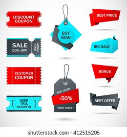 Coupon sale, offers and promotions vector template. Vector stickers, price tag, banner, label, discount coupon