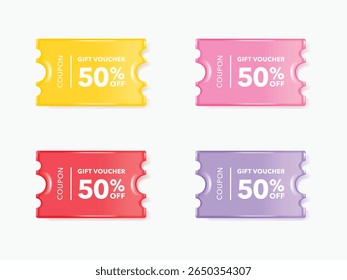 Coupon sale tag label banner. 50 percent discount offer tag with shiny, glossy, reflective surface. Sale price promo sign. Special offer symbol.