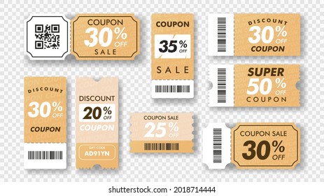 Coupon sale vouchers, mockup design for sale and gift event posts, discount ticket collection. Vector Illustration