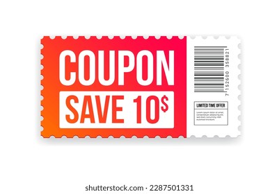 Ilustración del vector de boletos de compras de cupón para ahorrar 10$