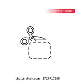 Coupon with scissors and dashed line rounded rectangle. Thin line, editable stroke.