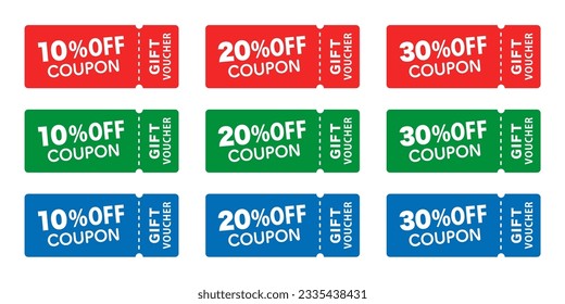 Juego de cupones en diferentes colores: 10% APAGADO, 20% APAGADO, 30% APAGADO