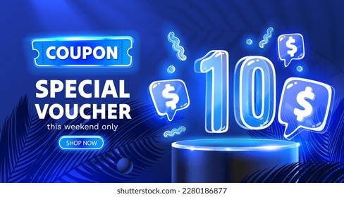 Coupon Spezialgutschein 10 Dollar, Neon Banner Sonderangebot. Vektorgrafik