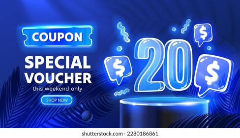 Cupón especial vale 20 dólares, oferta especial de banner Neon. Ilustración del vector