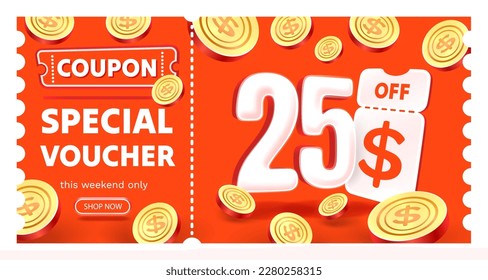 Coupon special voucher 25 dollar , Check banner special offer. Vector illustration