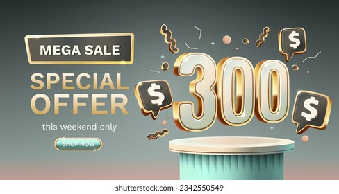 Cupón especial vale 300 dólares, cheque oferta especial de banner. Ilustración del vector