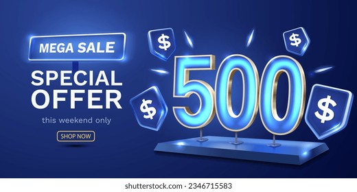 Cupón especial vale 500 dólares, cheque oferta especial de banner. Ilustración del vector