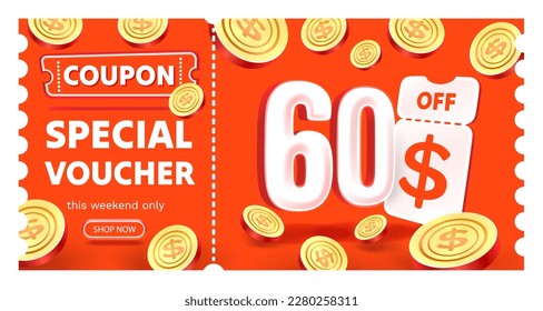 Coupon special voucher 60 dollar , Check banner special offer. Vector illustration