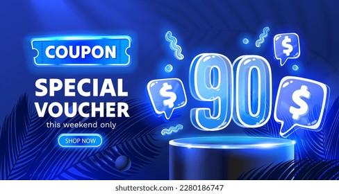 Coupon special voucher 90 dollar, Neon banner special offer. Vector illustration