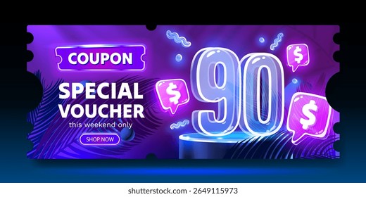 Cupom especial voucher 90 dólar, Neon banner oferta especial. Ilustração vetorial