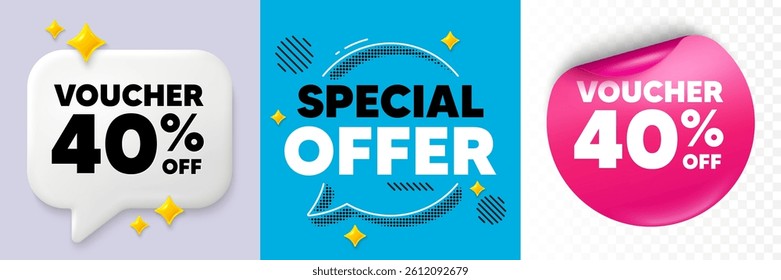 Coupon speech bubble. 3d sparkles chat, Paper sticker. Voucher 40 percent off sale. Special offer coupon sign. Black friday discount symbol. Special offer bubble. Halftone dots pattern. Vector