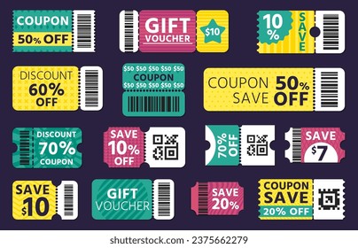 Coupon template. Discount banner with barcode, shopping voucher, discount card, discount code, offer certificate. Vector e-commerce mockup of discount and coupon, special label promo illustration