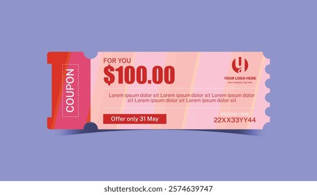 Coupon template with an exclusive offer of $100 percent off. Gift voucher with limited-time exclusive offer, special promo code, and place for company logo and website vector illustration