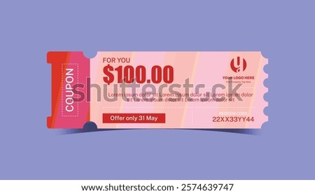 Coupon template with an exclusive offer of $100 percent off. Gift voucher with limited-time exclusive offer, special promo code, and place for company logo and website vector illustration