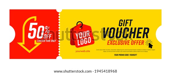 Coupon\
template with exclusive offer up to 50 percent off. Gift voucher\
with limited time exclusive offer, special promo code and place for\
company logo and website vector\
illustration