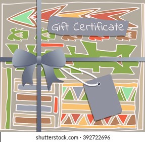 Coupon template with gift bow (ribbons, present). Holiday background design (Christmas, Birthday) for invitation, banner, ticket, flyar, card. Vector of bright hand drawn. Ethnic style              