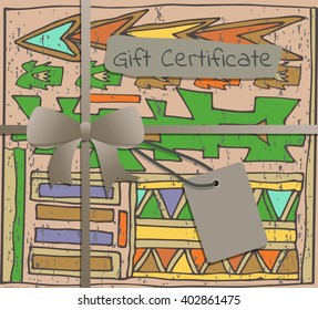 Coupon template with gift bow (ribbons, present). Holiday (celebration) background design for invitation, banner, ticket, flyar, card. Vector of bright hand drawn. Ethnic style              