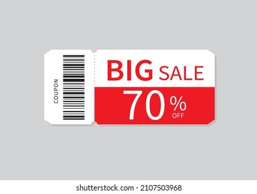 Coupon Template isolated on gray background. Discount coupon 70% OFF. Shopping voucher. Flat illustration.