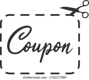 Coupon text dashed line frame with scissors cutting icon black and white promotion symbol vector illustration