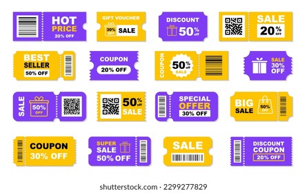 Coupon ticket set. Discount coupon. Gift voucher. Discount card with 20, 30, 50 percent discount. Sale coupon with big sale, hot price, best seller etc. Vector illustration.