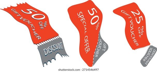 Coupon ticket set. Discount coupon. Gift voucher. Discount card voucher with 25 and 50 percent discount. Sale coupon Vector illustration.