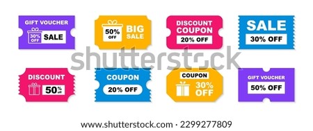 Coupon ticket set. Discount coupon. Gift voucher. Discount card with 20, 30, 50 percent discount. Sale coupon with big sale, hot price, best seller etc. Vector illustration.