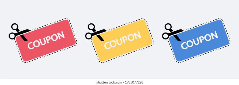 Juego de iconos vectoriales de cupón.Iconos de cupones de descuento vectorial en diseño plano. Ilustración vectorial de una forma de cupón cortado con tijeras.