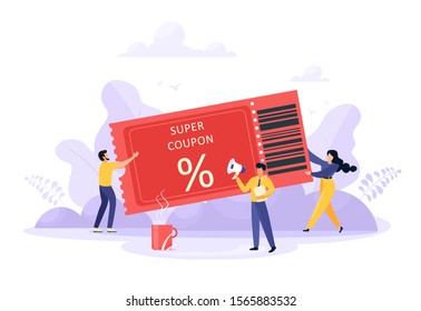 Coupon vector illustration. Concept for discounts, voucher, promotion and advertising to attract customers. Favorable purchases. Discounts with high interest. Vector illustration in cartoon flat style