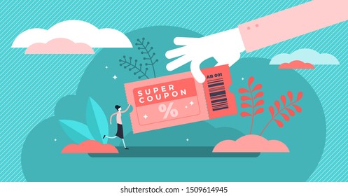 Coupon vector illustration. Flat tiny shop discount voucher persons concept. Symbolic chasing after financial cheap and profitable purchase. Promotion and advertisement method for customer engagement.