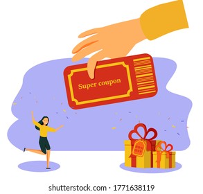 Coupon vector illustration. Flat tiny shop discount voucher persons concept. Symbolic chasing after financial cheap and profitable purchase. Promotion and advertisement method for customer engagement.