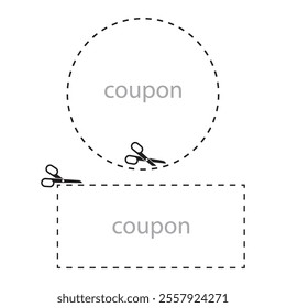 Coupon vector shapes. Dashed border scissors. Circular and rectangular coupons. Simple black and white.