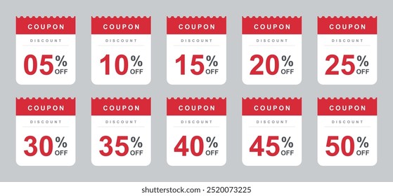 Coupon Voucher 5, 10, 15, 20, 25, 30, 35, 40, 45, 50 sale tag. Ten percent promotion. Tag label, discount coupon. Gift voucher vector illustration.