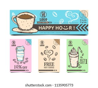 Coupon, voucher, card coffee cup and glass doodle drawing with coffee beans, abstract pattern and long label on color background vector illustration collection