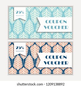 Coupon voucher template with abstract leaves modern pattern. Vector illustration