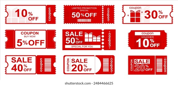 coupons code, percentage off. Voucher icon set, Coupon code set. Vector illustration.