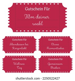 coupons for a couple in german. tickets for valentine's day. Set of love coupons with wishes and numbers