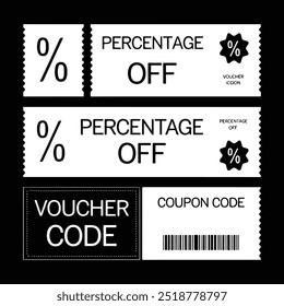  Coupons with coupon code, percentage off with other mini coupons around, isolated on black background. Discount gift voucher, special price off