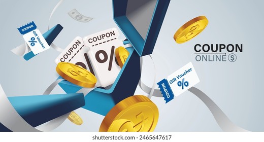 Coupons and Gift Vouchers Illustration.engaging illustration showcasing online coupons and gift vouchers, symbolizing discounts,special offers, and digital savings in e-commerce and digital marketing.