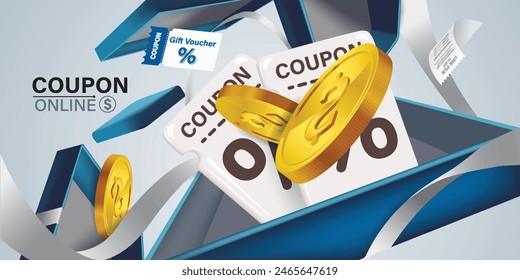 Coupon- und Geschenkgutscheine Illustration.Anschauliche Illustration mit Online-Coupons und Geschenkgutscheinen, die Rabatte, Sonderangebote und digitale Ersparnisse im E-Commerce und im Digitalmarketing symbolisieren.