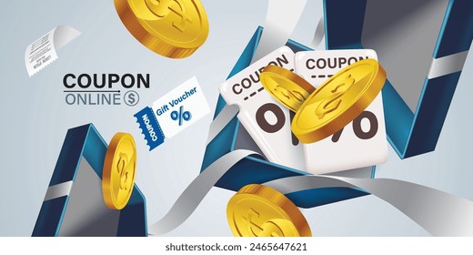 Coupon- und Geschenkgutscheine Illustration.Anschauliche Illustration mit Online-Coupons und Geschenkgutscheinen, die Rabatte, Sonderangebote und digitale Ersparnisse im E-Commerce und im Digitalmarketing symbolisieren.