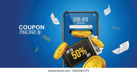 Coupons and Gift Vouchers Illustration.engaging illustration showcasing online coupons and gift vouchers, symbolizing discounts,special offers, and digital savings in e-commerce and digital marketing.