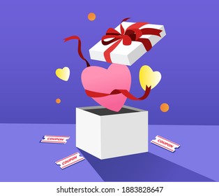 Coupons and gifts A gift box full of hearts illustration set. present, special, discount, pay. Vector drawing. Hand drawn style.