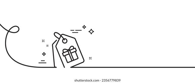 Coupons with Gifts line icon. Continuous one line with curl. Present box or Sale sign. Birthday Shopping symbol. Package in Gift Wrap. Coupons single outline ribbon. Loop curve pattern. Vector