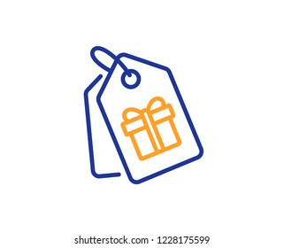Coupons with Gifts line icon. Present box or Sale sign. Birthday Shopping symbol. Package in Gift Wrap. Colorful outline concept. Blue and orange thin line color icon. Coupons Vector