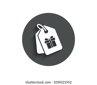 Coupons with Gifts simple icon. Present box or Sale sign. Birthday Shopping symbol. Package in Gift Wrap. Circle flat button with shadow. Vector