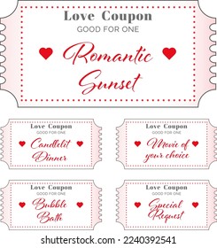 coupons for a girlfriend or a boyfriend. tickets for valentine's day. Set of love coupons with wishes and numbers