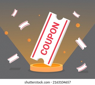 Coupons with great benefits will appear on the stage illustration set. ticket, gift voucher, confetti, paper. Vector drawing. Hand drawn style.