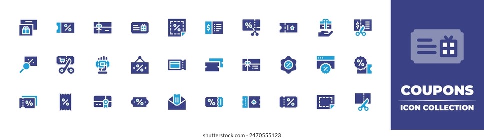 Coupons icon collection. Duotone color. Vector illustration. Containing giftcard, vouchers, voucher, coupon, discountcoupon, sale, sign. 